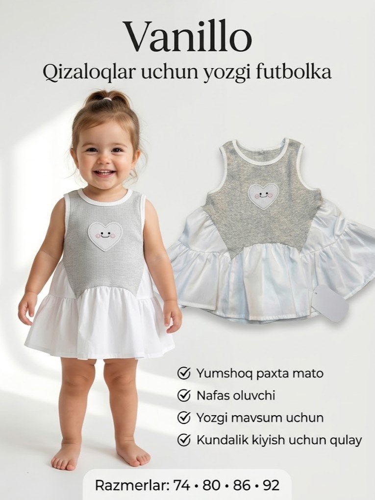 Vanillo bantli va yurak applikatsiyali qizaloqlar futbolkasi   18089