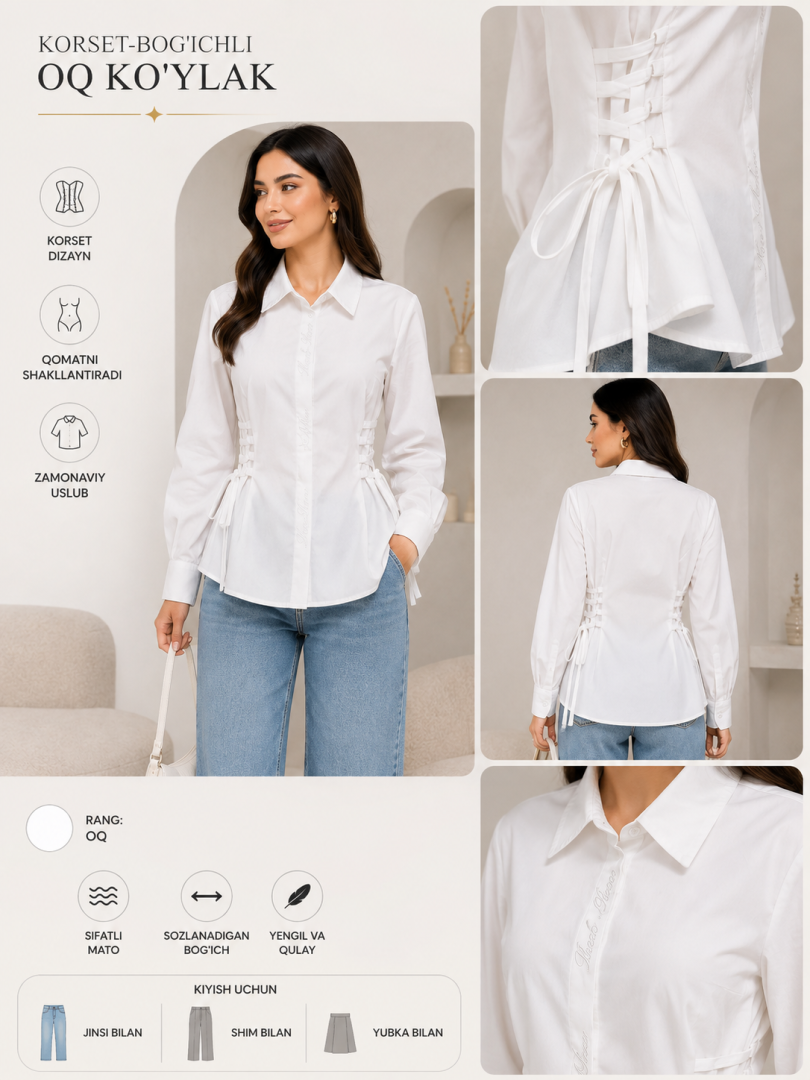 Ayollar uchun korset-bog'ichli oq ko'ylak (belni shakllantiruvchi model)  b2b8q367d   19636