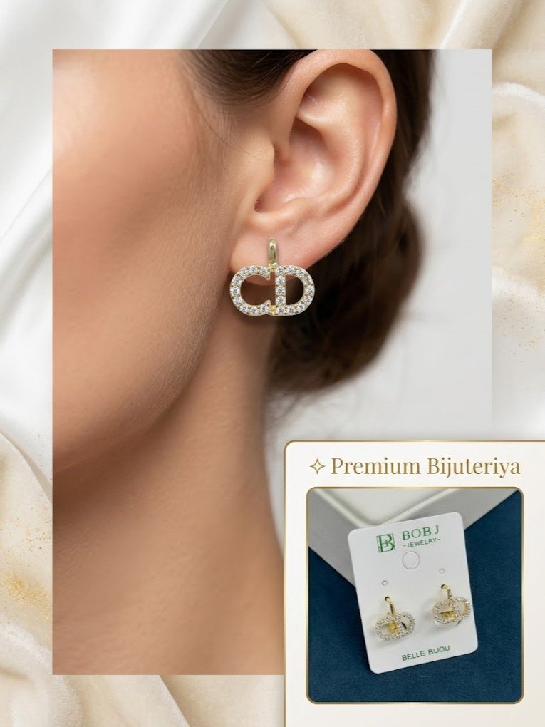 "BOB J Jewelry" / "Belle Bijou" — Ayollar uchun nafis sirg'alar, Ochiq Monogram Dizayn, To'liq Zirkon Toshli      rd  17023