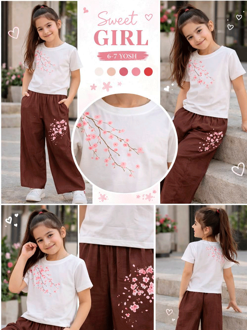 Qiz bolalar uchun yozgi ikkitalik kiyim to‘plam (Sakura gulli futbolka + shim) b11q482d