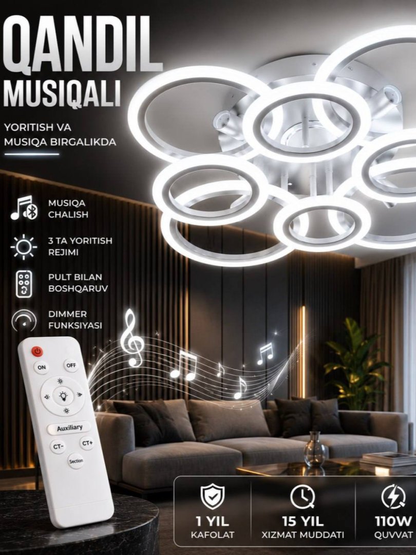 Musiqali LED qandil (lyustra) – Pultli, Dimmerli va Bluetooth kolonkali smart shift chirog'i (110 W)  19559  c.2q.23d