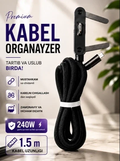 240W Type-C → Type-C kabel, 1.5 metr, 90° burchakli ulagich