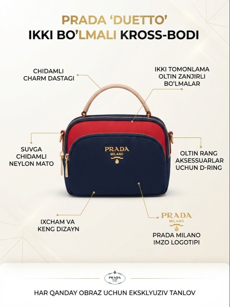 Prada "Duetto": Nafis dizayn, ikki bo'lmali ixcham ayollar sumkasi  17218