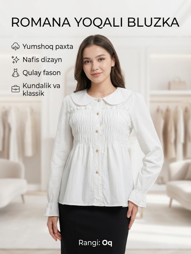Romana yoqali, smok bezakli klassik bluzka  b2b6q372d    18136