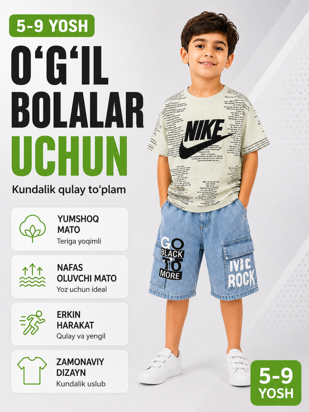 O‘g‘il bolalar uchun yozgi denim shortikli to‘plam 5–9 yosh