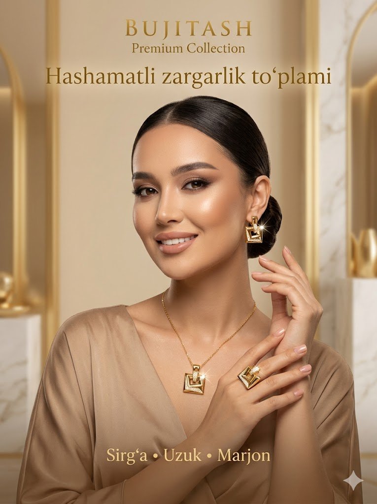 Ayollar uchun hashamatli zargarlik to‘plami: Sirg‘a, uzuk va marjon – Tilla rang, geometrik dizayn  of14d 14388