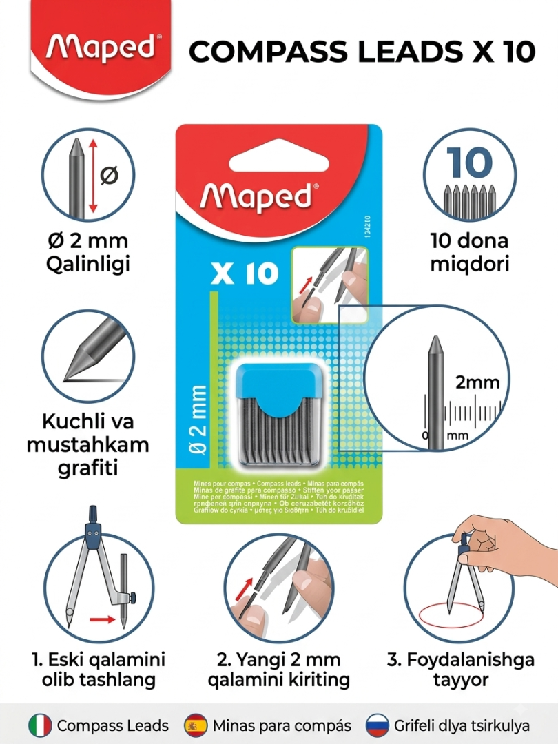 Sirkul uchun grifel Maped 134210, 2 mm, 10 dona