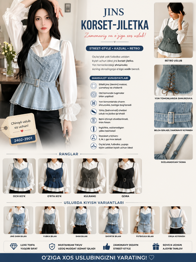 Kamarli, V-yoqali (o'ralgan), peplum (yubkacha) qismli jins top, tasmali va yelkasiz variantlarda  alq85d  18709