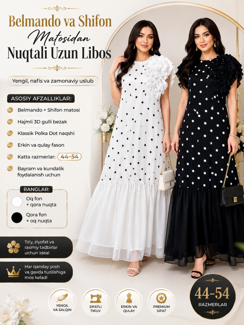 Belmando va Shifon Matosidan Nuqtali Naqshli Uzun Ayollar Libosi — Hajmli Gulli Bezak bilan     16788