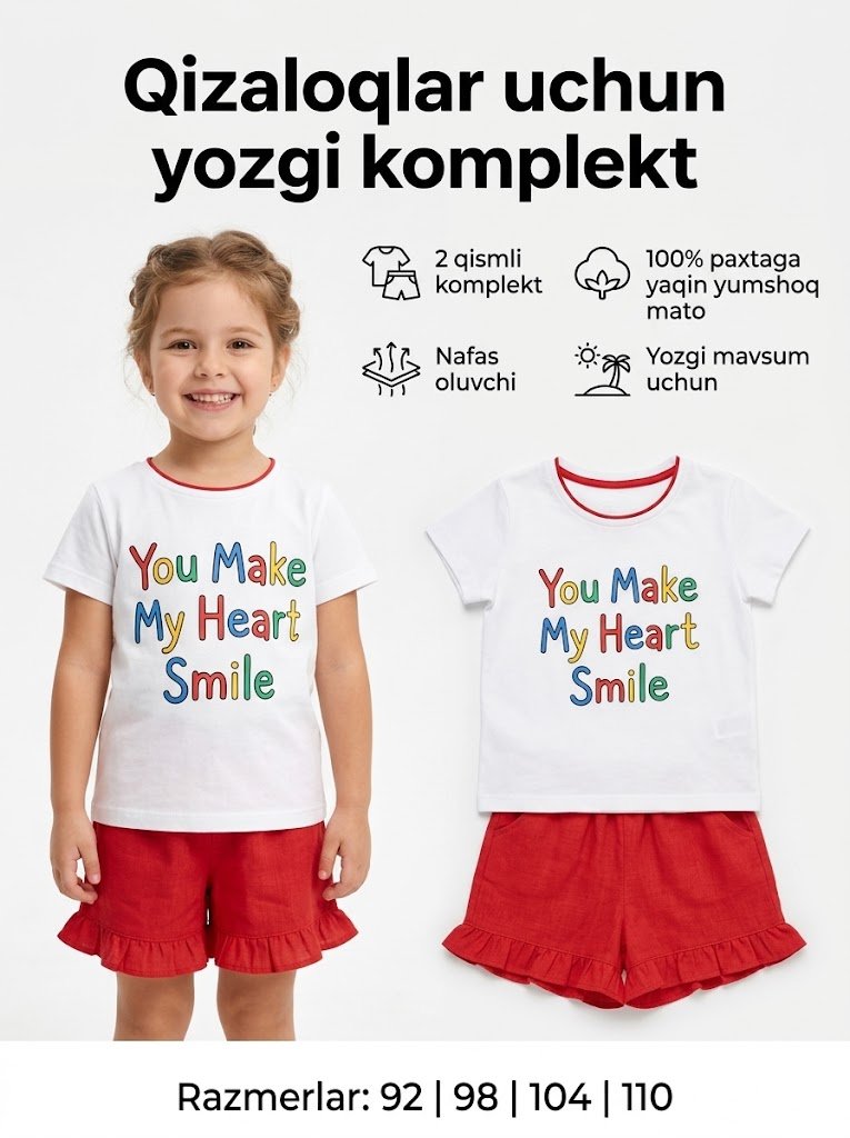 "You Make My Heart Smile" yozuvli yozgi 2 qismli qizaloqlar komplekti  18086