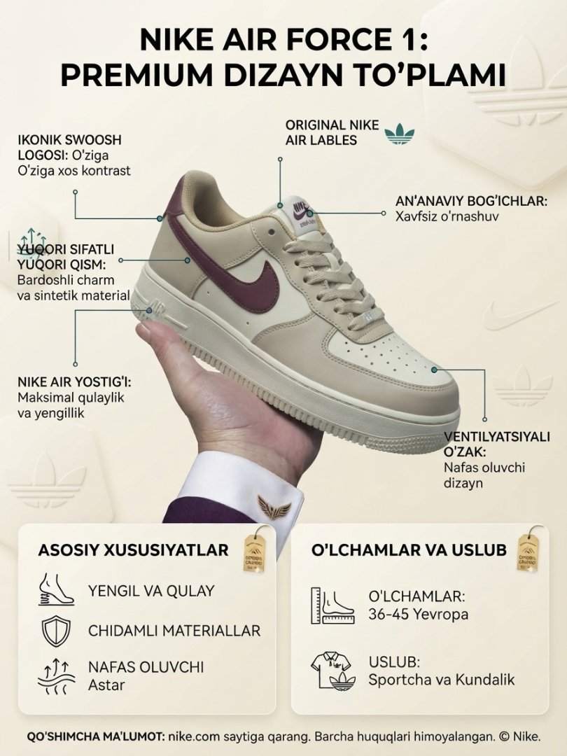 Erkaklar uchun Nike Air Force 1 krossovkalari — Premium sifat va zamonaviy uslub  19620  b.0q.707d