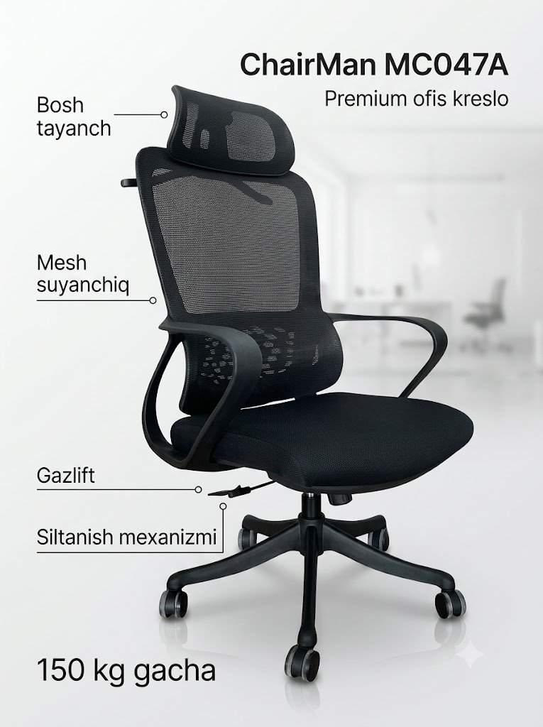 ChairMan MC047A — Ofis kreslo, Bosh tayanch, To'r suyanchiq, Gazlift, G'ildiraklari, Qora   14646