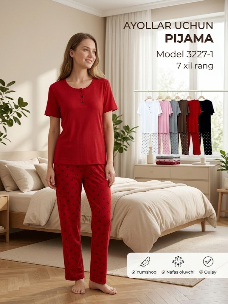 Ayollar uchun uy kiyimi to'plami (pijama), model 3227-1 — "2x2 spiral" (2x2螺纹) lapsha trikotaj, futbolka va shim  a3q17d    17855