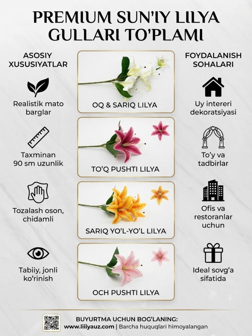 Vaza va dekoratsiyalar uchun sun'iy liliya (susan) guli shoxi / Dekorativ shox (50 sm, 3 ta guli bor)  19604  o.p.p15p
