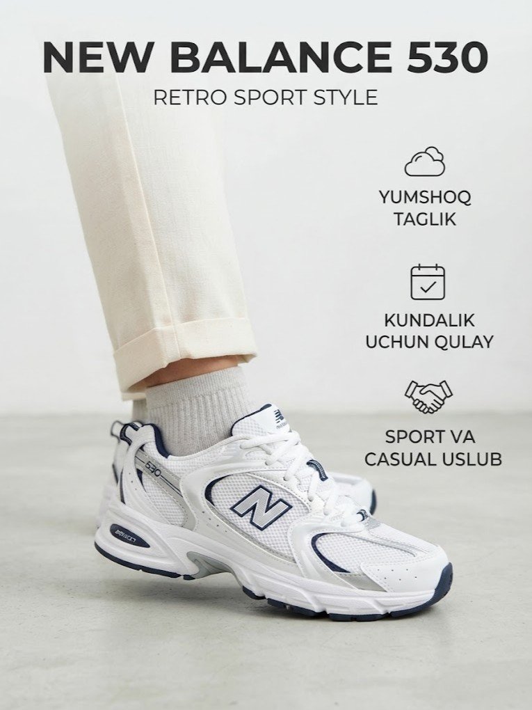 New Balance 530 krossovka — oq rangda, kumush va to'q ko'k detallar bilan   19725