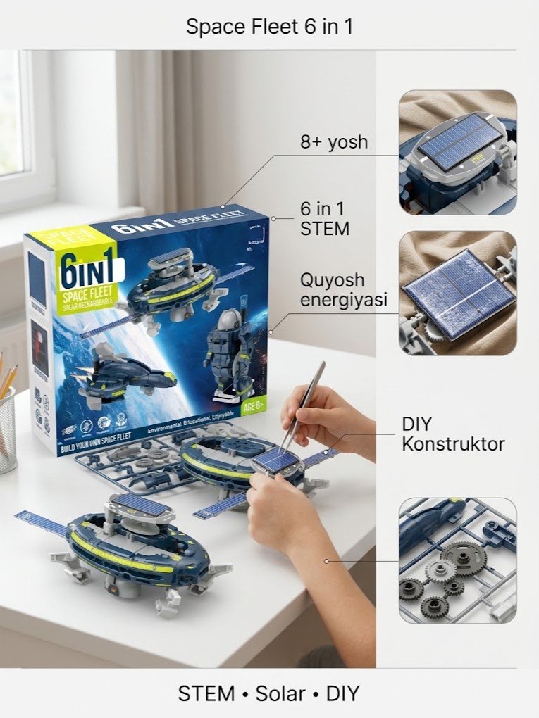 "Space Fleet" 6-in-1 STEM konstruktor - quyosh energiyasi bilan ishlaydi   g103d  17422