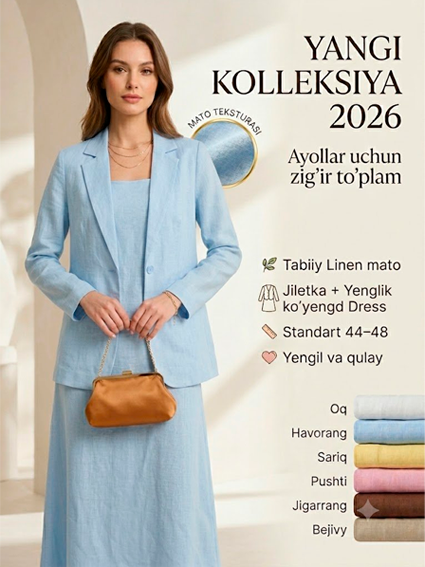 Ayollar ikki qismli to'plam — zig'ir mato — jiletka va ko'ylak  b8q550d 14869