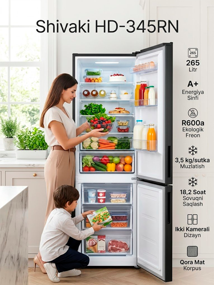 Shivaki HD-345RN Muzlatgich — Qora Mat, 265 Litr, A+ Energiya Sinfi  15851