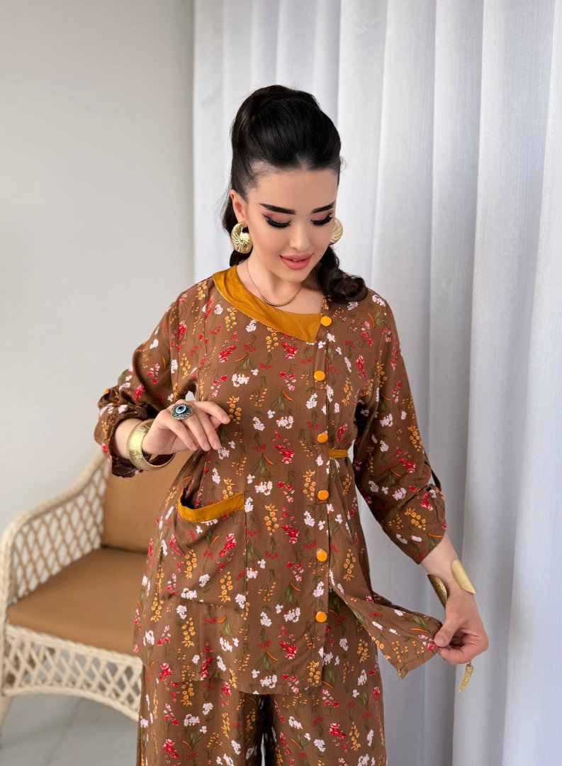 Slim Poplin ikki qismli to'plam — tunika va keng shim — gul naqshli — chontakli — 46-52 razmer — qizil, sariq, pushti, jigarrang   b542d 14735