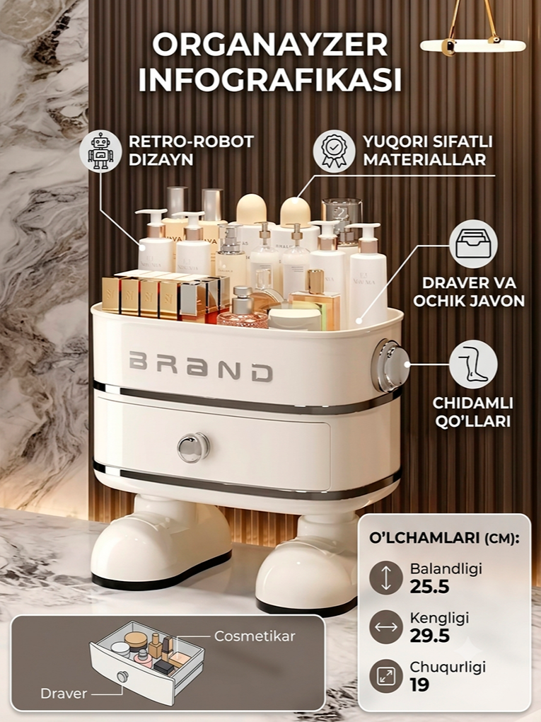 Kosmetika va parvarish vositalari uchun robot shaklidagi tortmali organayzer — Pardoz stoli va komod uchun (25.5 × 29.5 × 19 cm)   18437   c.2q.23d