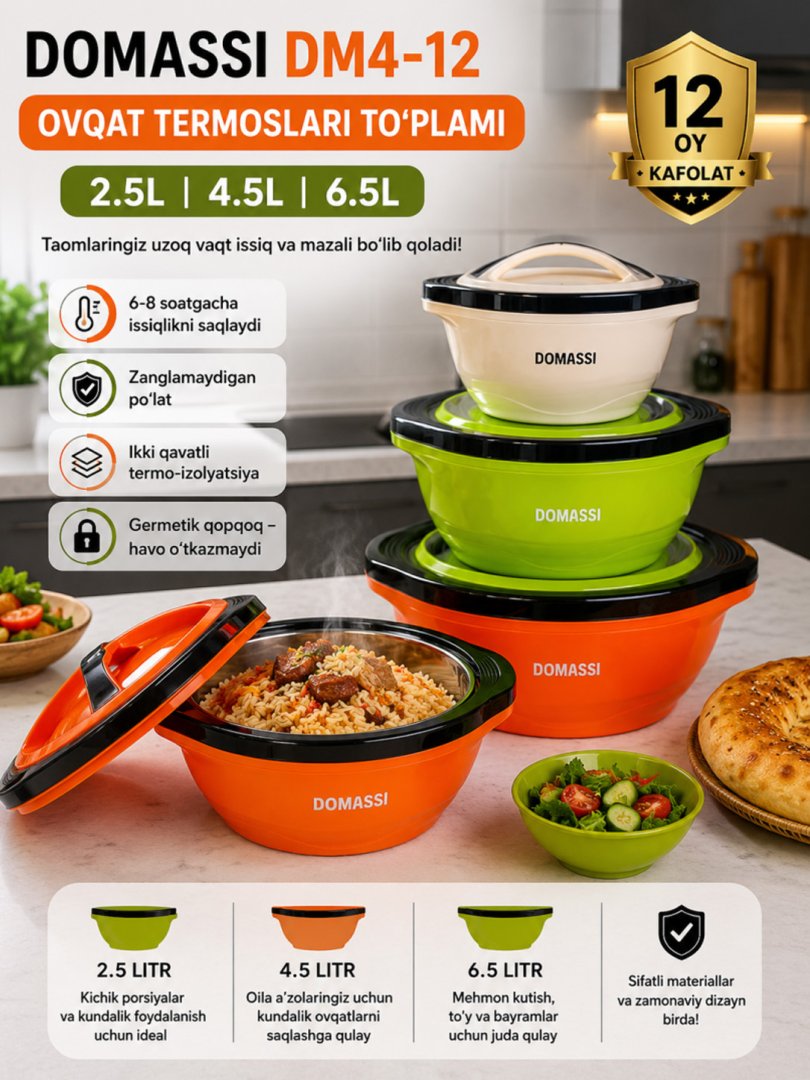 Domassi Ovqat Termoslari To‘plami (3 dona) | 2.5L, 4.5L, 6.5L | Zanglamaydigan po‘lat | 12 oy kafolat c1q47d 14344