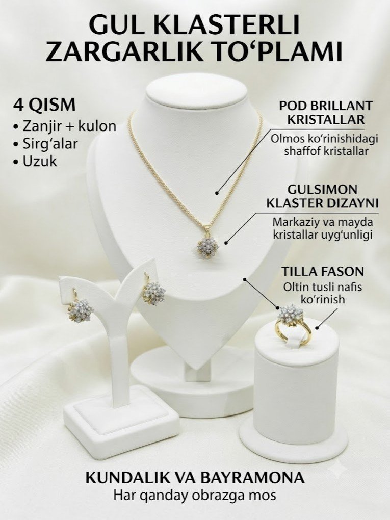 Olmos ko'rinishidagi (pod brillant) gul klaster dizaynli tilla fason to'plami  rd   18474