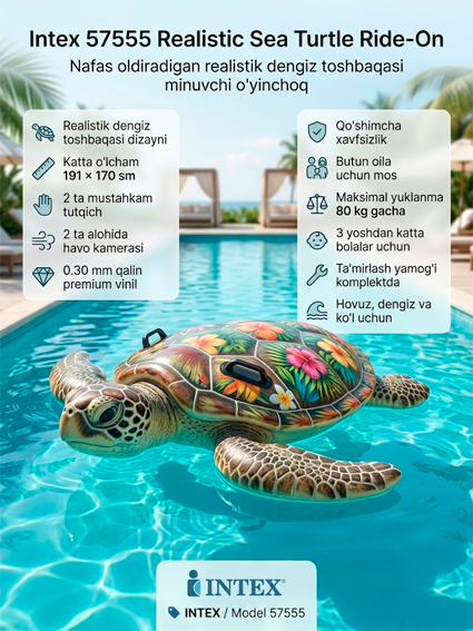 Intex 57555 Nafas oldiradigan minuvchi o'yinchoq «Realistik Dengiz Toshbaqasi» 191×170 sm — 2 tutqich, 80 kg gacha, 3 yoshdan  14629