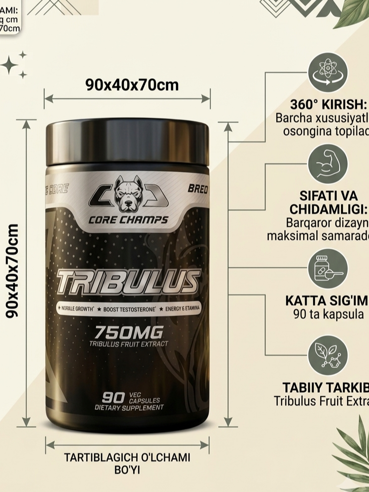 CORE CHAMPS Tribulus 750mg — Erkaklar uchun testosteron buster va mushak massasini oshiruvchi Tribulus ekstrakti, 90 veg kapsula  18885