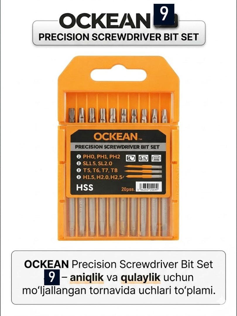 OCKEAN Precision Screwdriver Bit Set 9  – mayda ta’mir va elektronika uchun qulay tornavida bitlari jamlanmasi.  15710