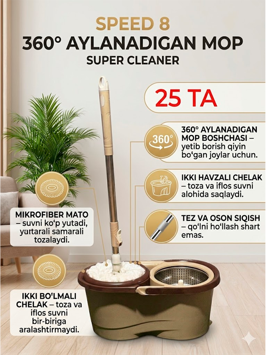 Karobkada 25 ta Pol tozalagich 360° aylanadigan, siqish mexanizmli ac3q131d