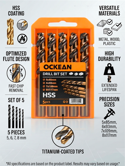 OCKEAN HSS Drill Bit Set 12 – yuqori tezlikdagi po‘lat burg‘ulash uchlari to‘plami  15695