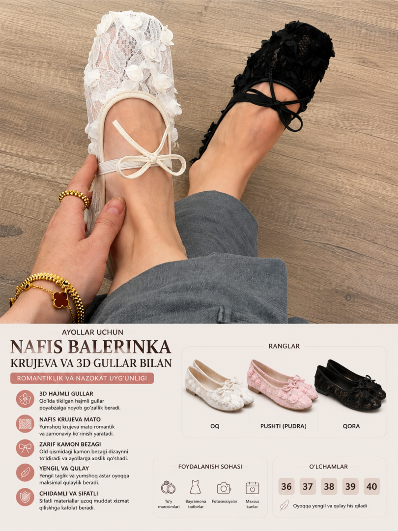 Ayollar uchun krujeva va 3D gullar bilan bezatilgan nafis balerinka (ballet flat)   18365