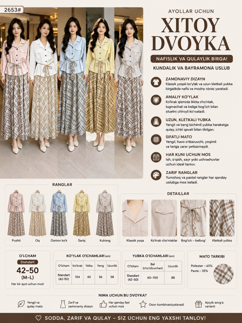 Nafis ayollar dvoykasi — Bluza va katakli yubka  b4q65d  18289