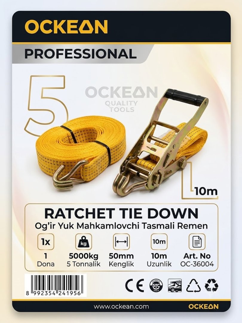 OCKEAN Professional Ogʻir Yuk Mahkamlovchi Tasmali Remen (50mm x 10m, 1 dona, 5 Tonnalik, OC-36004)  16162