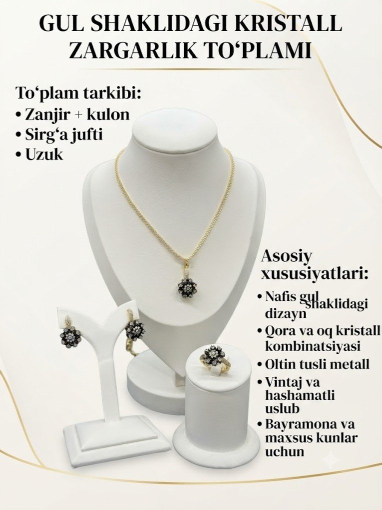 Gul shaklidagi qora va oq kristall klaster dizaynli zargarlik to'plami  rd  18463
