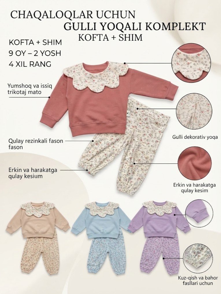 Chaqaloqlar uchun gulli yoqali kostyum (kofta va shim) 18577