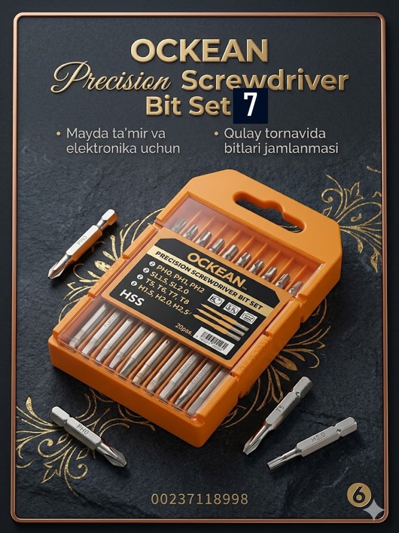 OCKEAN Precision Screwdriver Bit Set 7 – mayda ta’mir va elektronika uchun qulay tornavida bitlari jamlanmasi.  15708