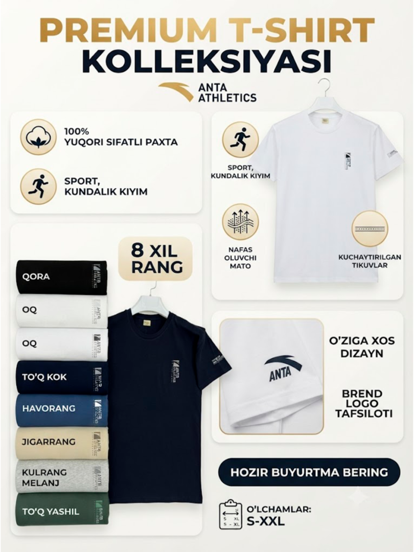 ANTA Athletics premium erkaklar futbolkasi, katta o‘lchamli (4XL, 5XL, 6XL), 100% paxta. b8q158d   17307