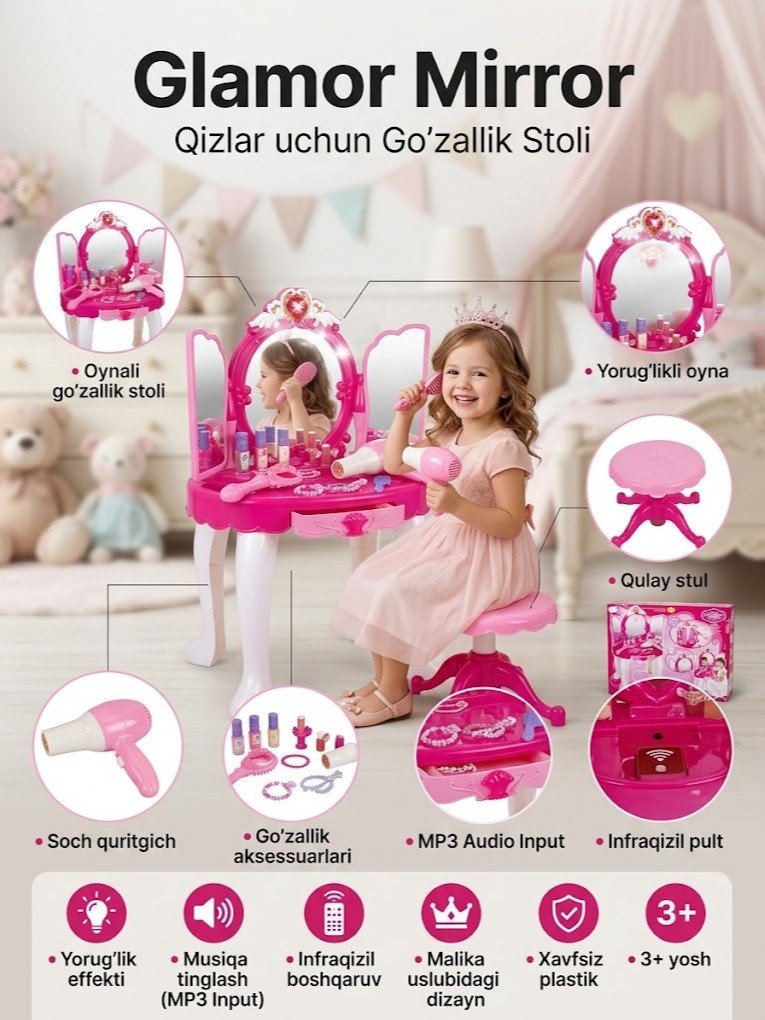 Qizlar uchun "Glamor Mirror" — go'zallik stoli o'yinchoq to'plami (yorug'lik va musiqa effekti bilan)  g103d 17477