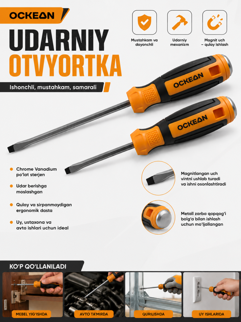 OCKEAN Professional Udarniy Otvyortka 6.3x150  300117 - Chrome Vanadium, Zarba ostidagi kuchaytirilgan slesar asbobi  15056