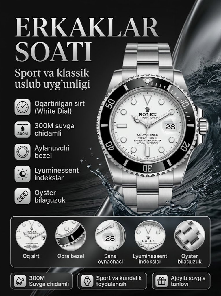 Erkaklar soati — to'liq kumush rangli po'lat korpus, oq sirt, qora aylanuvchi bezel, "Submariner" uslubidagi klassik dайver dizayn, suv o'tkazmaydigan 300m   16947