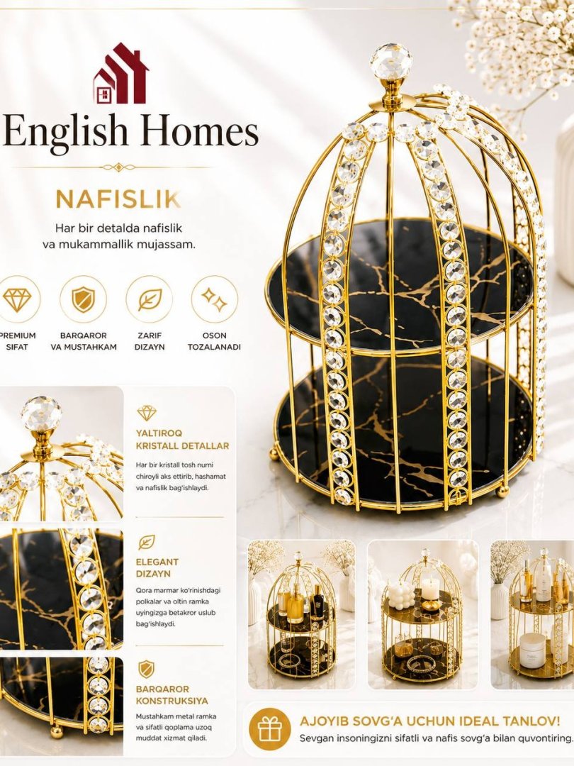 ENGLISH HOMES Original Qora Marmar va Kristallik Qafas Shaklidagi Ikki Qavatli Hashamatli Kosmetika va Aksessuar Organizatori  19429   o.p.p15p