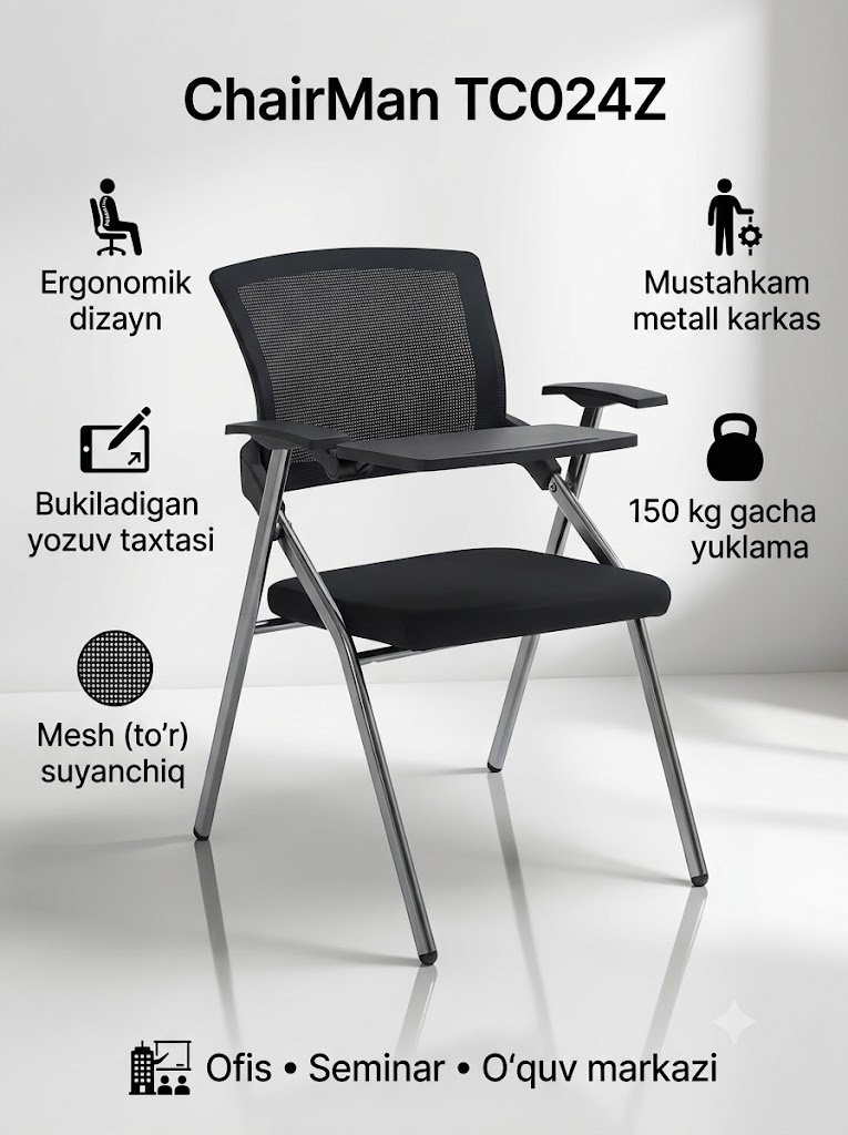 ChairMan TC024Z — Ofis kreslo, To'r suyanchiq, Yozuv taxtasi bilan, Qora, Metall oyoq   14644