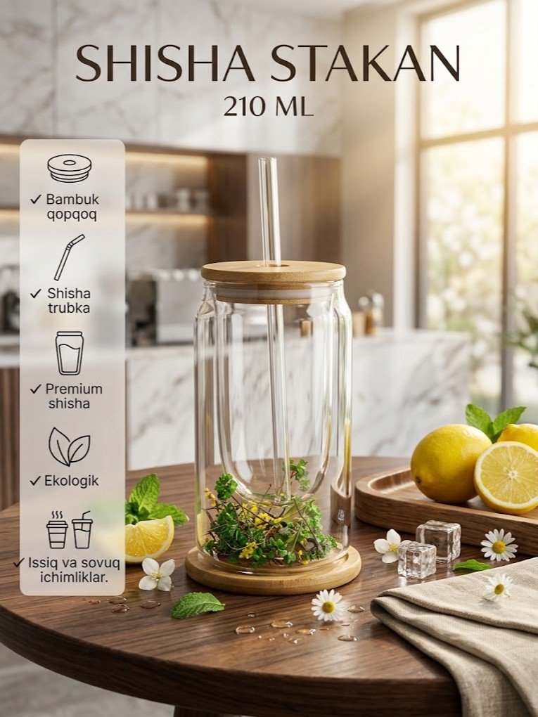 Shisha stakan (banka shaklidagi) — bambuk qopqoq va shisha trubkali, 210 ml   c1q707d   17553