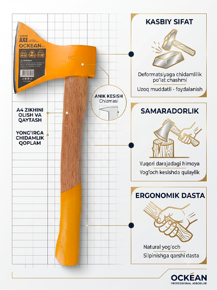 Ockean Premium Hand Axe – Yuqori sifatli qo‘l boltasi  1400g  15117