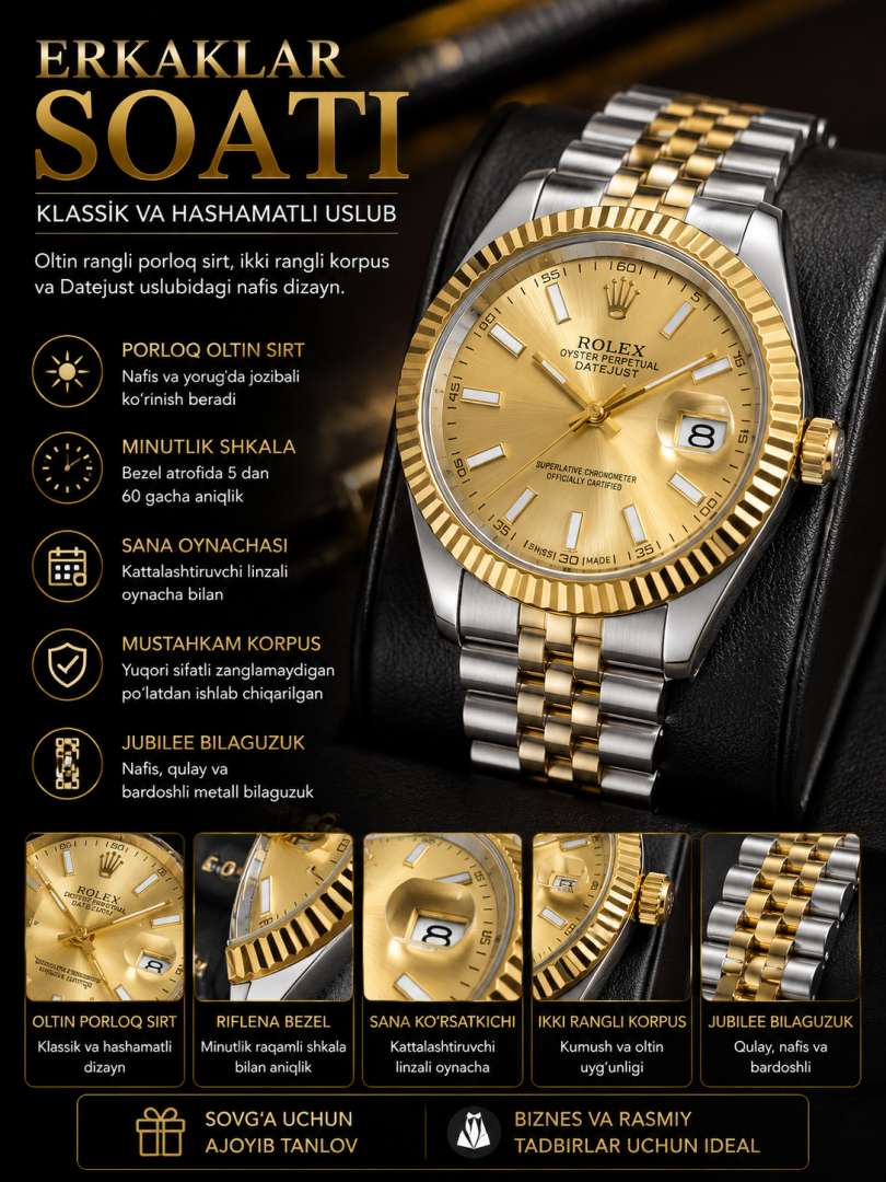Erkaklar soati — kumush va oltin rangli korpus, oltin rangli sirt, minutlik shkala bilan, "Datejust" uslubidagi klassik dizayn, sana oynachali   16930