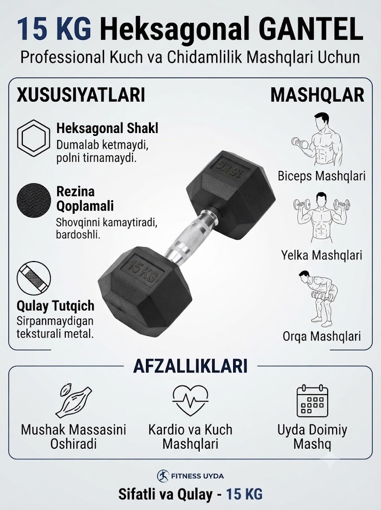 Professional Heksagonal Gantel 15 kg – Og‘ir atletika va kuch mashqlari uchun    16970