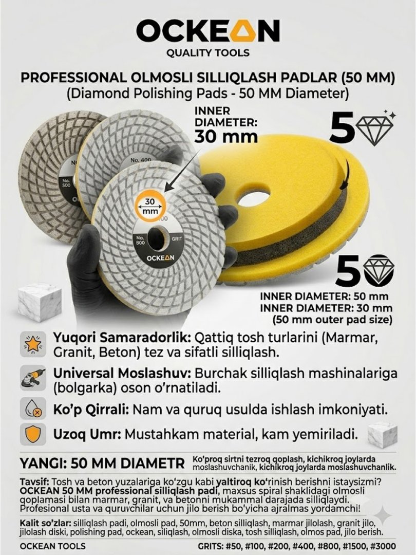 OCKEAN Professional Olmosli Silliqlash Padi (Diamond Polishing Pad)  50 MM  15184