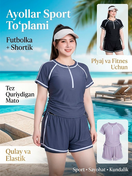 Ayollar sport kostyumi, plyaj va fitnes uchun to‘plam (futbolka va shortik), yozgi yengil kiyim b0q703/7d 14613