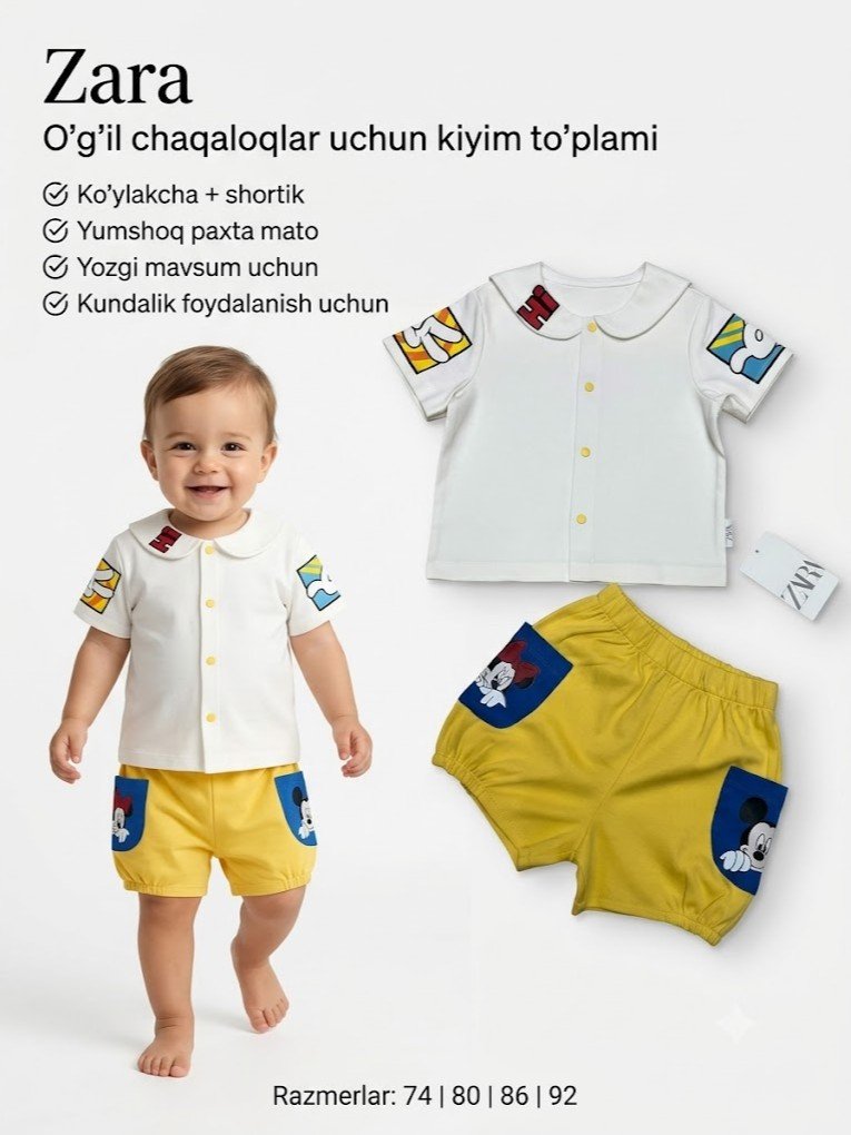 Zara — chaqaloqlar uchun tugmali ko'ylakcha va multfilm qahramonli shortik to'plami   17981